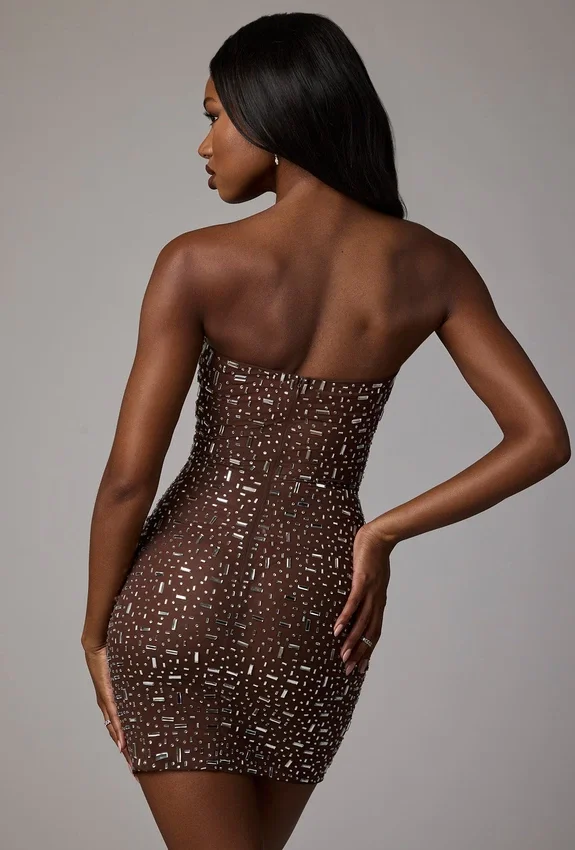 Caprice Sheer Embellished Bodycon Miniklänning i Deep Cocoa Caprice Sheer Embellished Bodycon Miniklänning i Deep Cocoa
