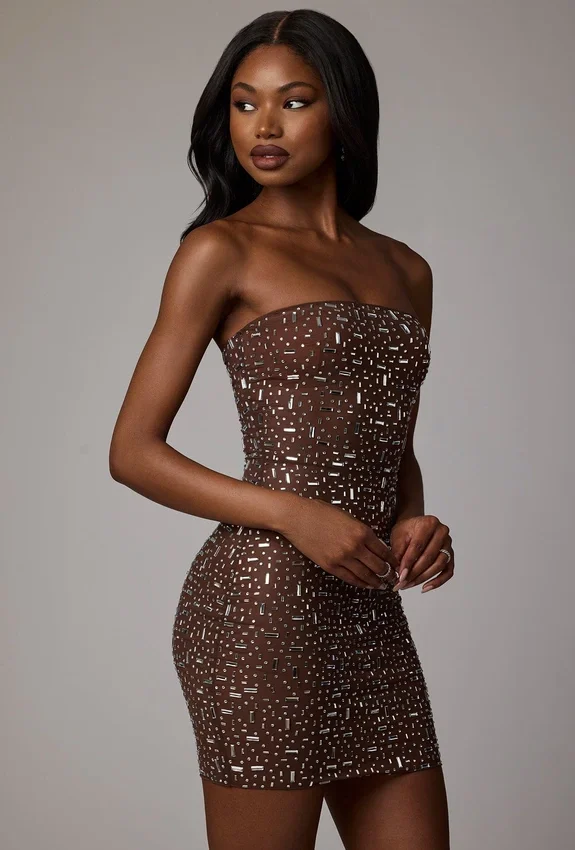 Caprice Sheer Embellished Bodycon Miniklänning i Deep Cocoa Caprice Sheer Embellished Bodycon Miniklänning i Deep Cocoa