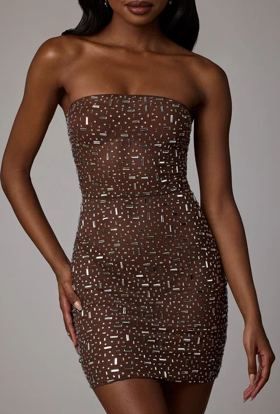 Caprice Sheer Embellished Bodycon Miniklänning i Deep Cocoa Caprice Sheer Embellished Bodycon Miniklänning i Deep Cocoa