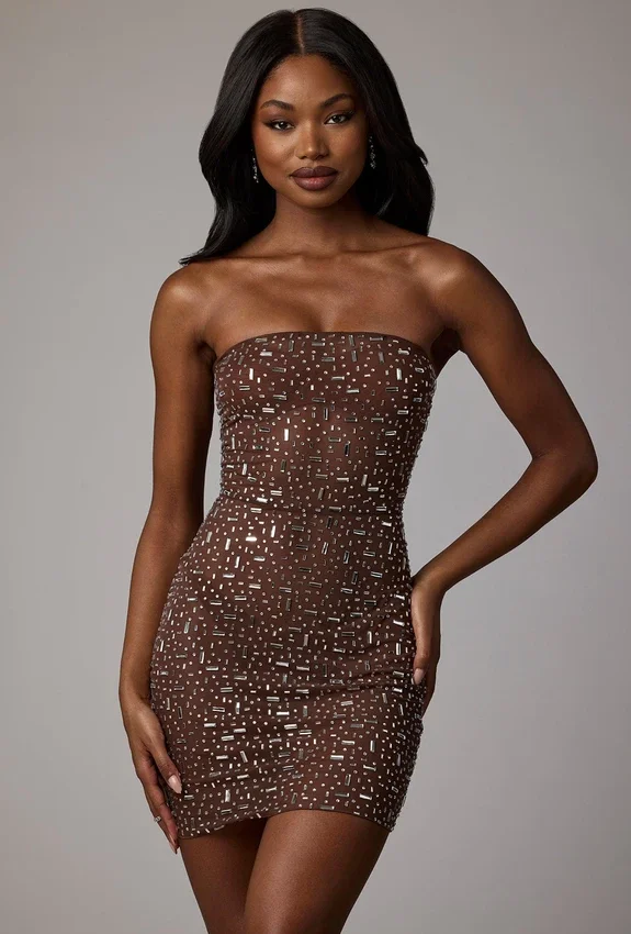 Caprice Sheer Embellished Bodycon Miniklänning i Deep Cocoa Caprice Sheer Embellished Bodycon Miniklänning i Deep Cocoa