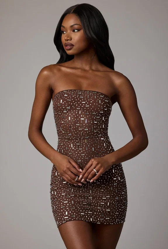 Caprice Sheer Embellished Bodycon Miniklänning i Deep Cocoa Caprice Sheer Embellished Bodycon Miniklänning i Deep Cocoa