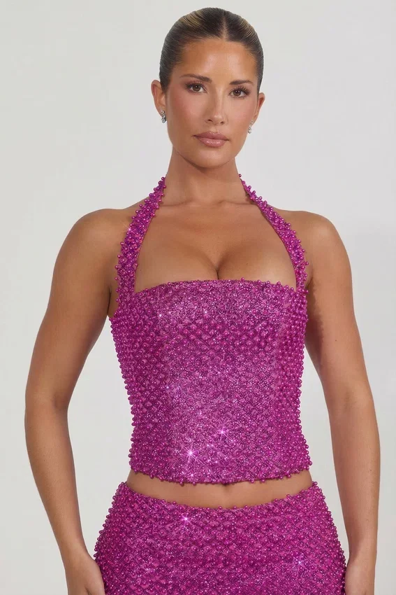 Caralie Embellished Halterneck Corset Top i Magenta Caralie Embellished Halterneck Corset Top i Magenta