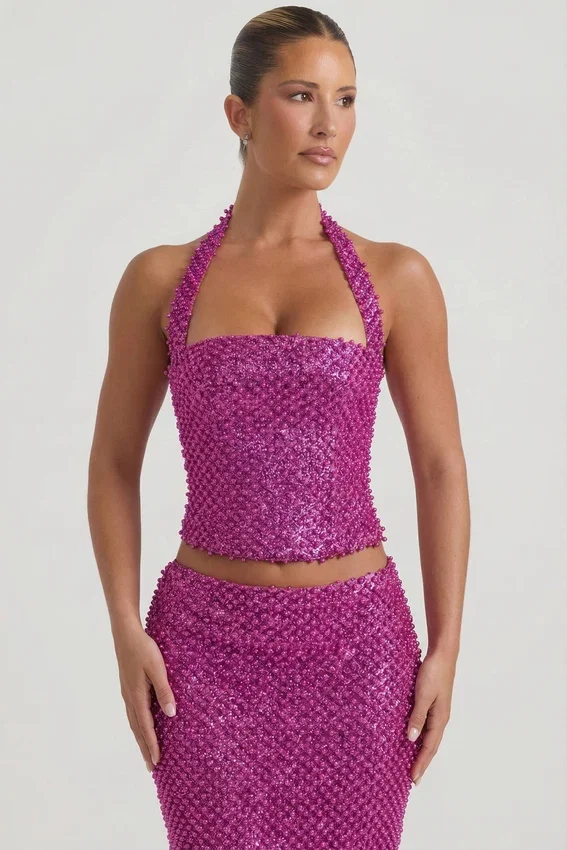 Caralie Embellished Halterneck Corset Top i Magenta Caralie Embellished Halterneck Corset Top i Magenta