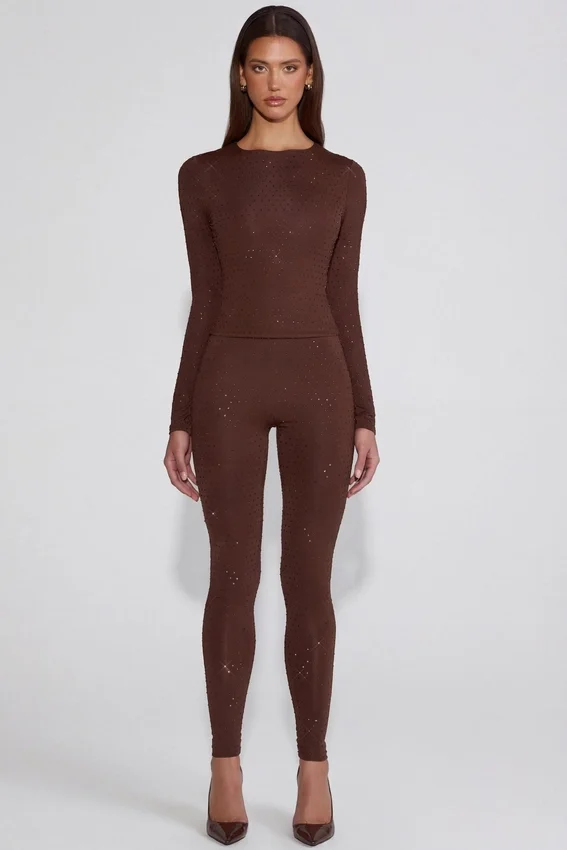 Cassie-leggings i chokladbrunt med dekorationer och hög midja Cassie-leggings i chokladbrunt med dekorationer och hög midja