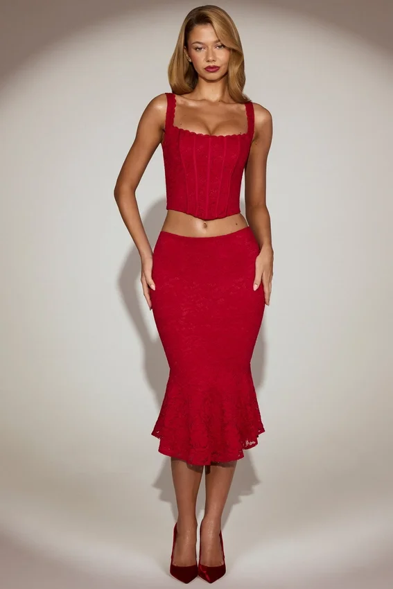 Coral Lace Mid-Rise Fluted Midi Kjolar i True Red Coral Lace Mid-Rise Fluted Midi Kjolar i True Red