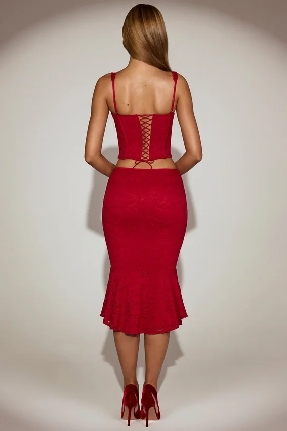 Coral Lace Mid-Rise Fluted Midi Kjolar i True Red Coral Lace Mid-Rise Fluted Midi Kjolar i True Red
