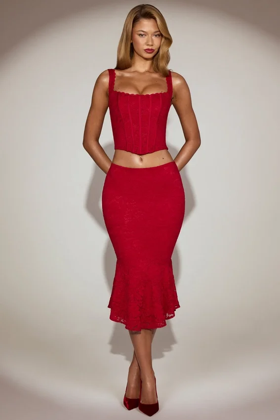 Coral Lace Mid-Rise Fluted Midi Kjolar i True Red Coral Lace Mid-Rise Fluted Midi Kjolar i True Red