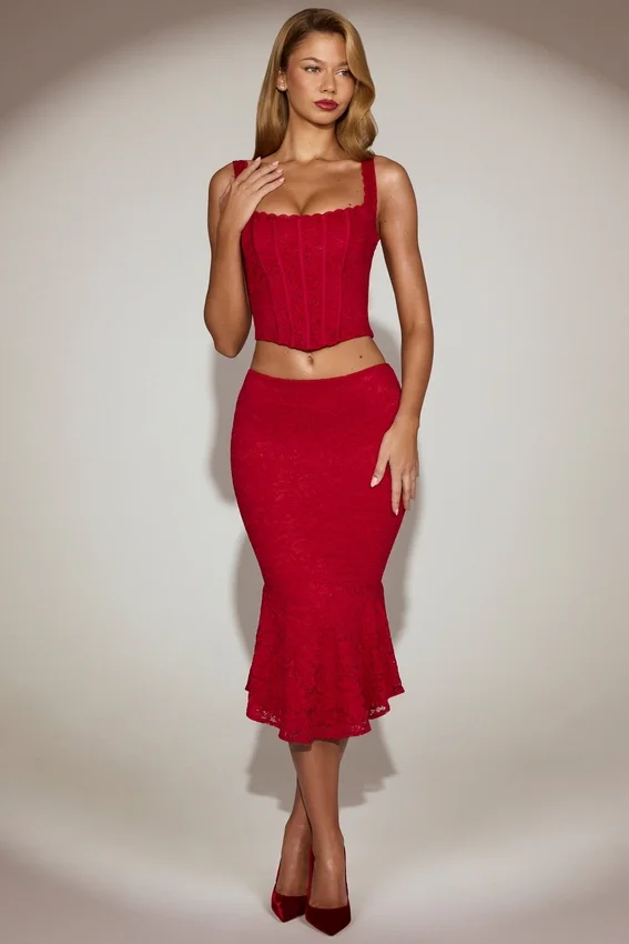 Coral Lace Mid-Rise Fluted Midi Kjolar i True Red Coral Lace Mid-Rise Fluted Midi Kjolar i True Red
