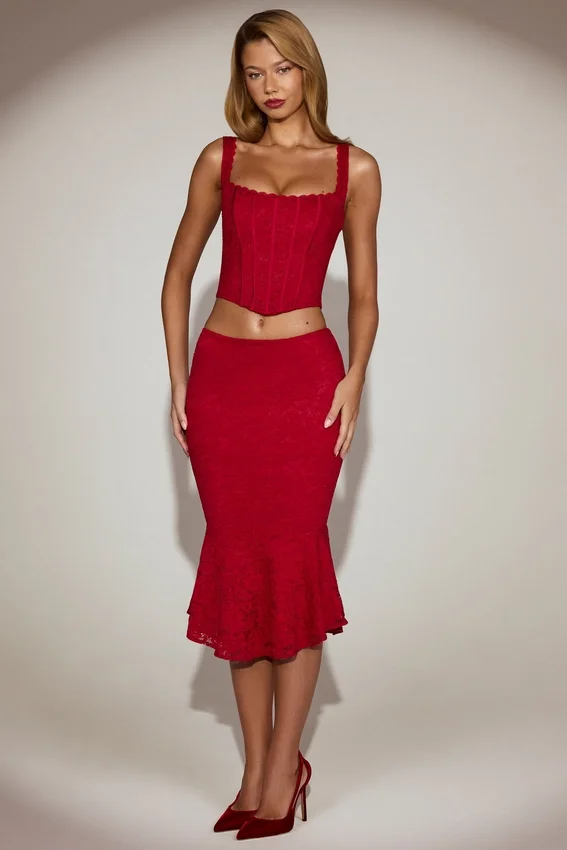 Coral Lace Mid-Rise Fluted Midi Kjolar i True Red Coral Lace Mid-Rise Fluted Midi Kjolar i True Red
