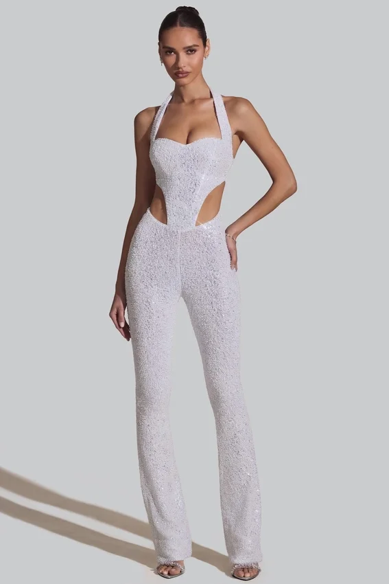 Coralena Embellished Cut-Out Jumpsuit i vitt Coralena Embellished Cut-Out Jumpsuit i vitt