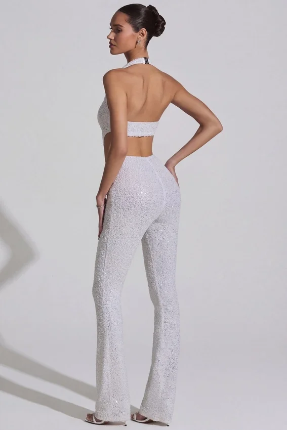 Coralena Embellished Cut-Out Jumpsuit i vitt Coralena Embellished Cut-Out Jumpsuit i vitt
