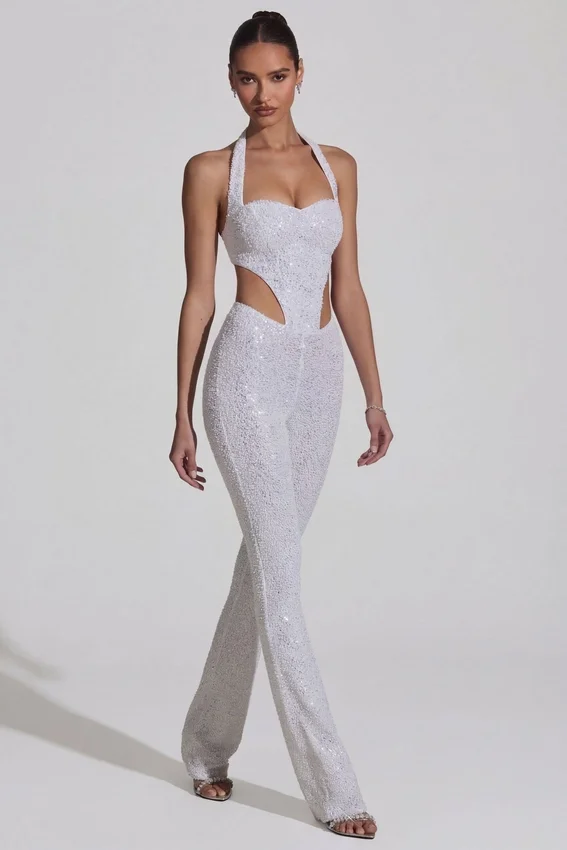 Coralena Embellished Cut-Out Jumpsuit i vitt Coralena Embellished Cut-Out Jumpsuit i vitt