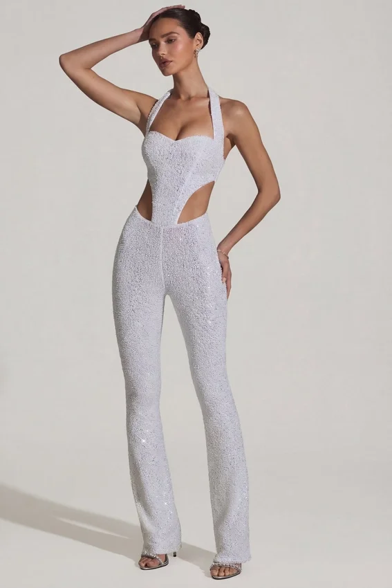 Coralena Embellished Cut-Out Jumpsuit i vitt Coralena Embellished Cut-Out Jumpsuit i vitt