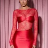 Eliette långärmad draperad bodycon-miniklänning med spetspaneler i rött Eliette långärmad draperad bodycon-miniklänning med spetspaneler i rött