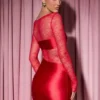 Eliette långärmad draperad bodycon-miniklänning med spetspaneler i rött Eliette långärmad draperad bodycon-miniklänning med spetspaneler i rött