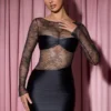 Eliette långärmad draperad bodycon-miniklänning med spetspaneler i svart Eliette långärmad draperad bodycon-miniklänning med spetspaneler i svart