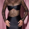 Eliette långärmad draperad bodycon-miniklänning med spetspaneler i svart Eliette långärmad draperad bodycon-miniklänning med spetspaneler i svart