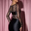 Eliette långärmad draperad bodycon-miniklänning med spetspaneler i svart Eliette långärmad draperad bodycon-miniklänning med spetspaneler i svart