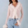 Elisia Feather Trim Sheer Top i Ivory Elisia Feather Trim Sheer Top i Ivory