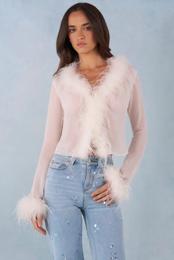 Elisia Feather Trim Sheer Top i Ivory Elisia Feather Trim Sheer Top i Ivory