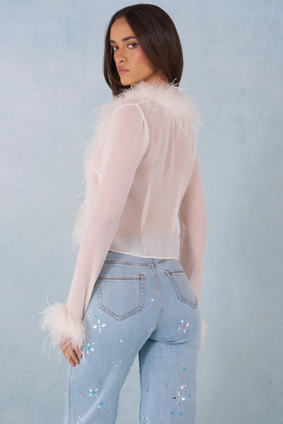 Elisia Feather Trim Sheer Top i Ivory Elisia Feather Trim Sheer Top i Ivory