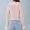 Elisia Feather Trim Sheer Top i Ivory Elisia Feather Trim Sheer Top i Ivory