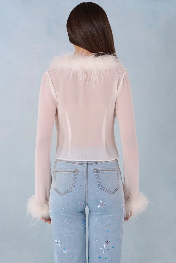 Elisia Feather Trim Sheer Top i Ivory Elisia Feather Trim Sheer Top i Ivory