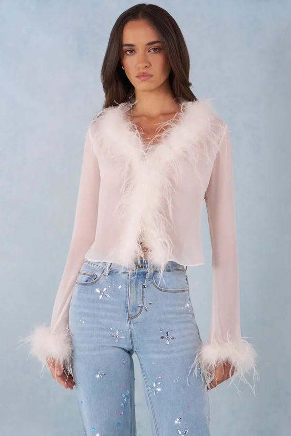 Elisia Feather Trim Sheer Top i Ivory Elisia Feather Trim Sheer Top i Ivory