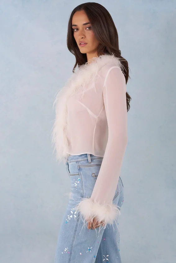 Elisia Feather Trim Sheer Top i Ivory Elisia Feather Trim Sheer Top i Ivory