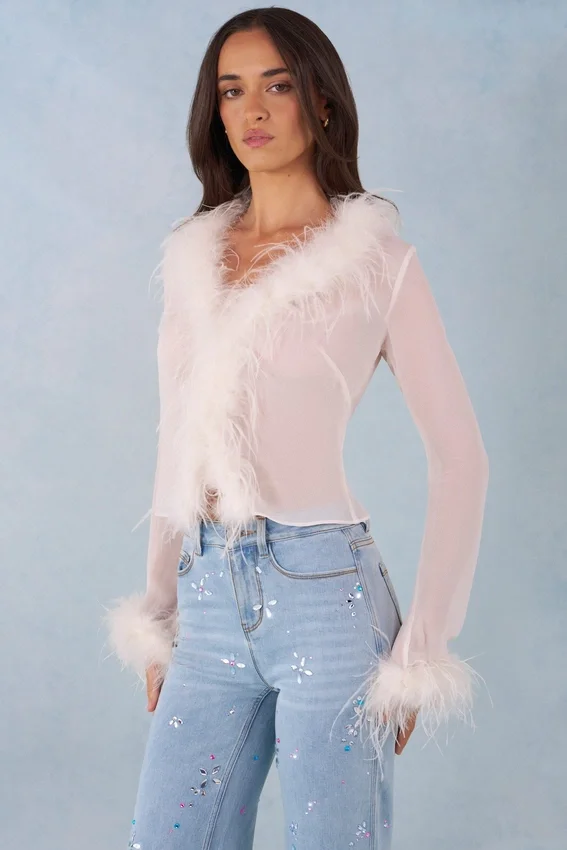 Elisia Feather Trim Sheer Top i Ivory Elisia Feather Trim Sheer Top i Ivory