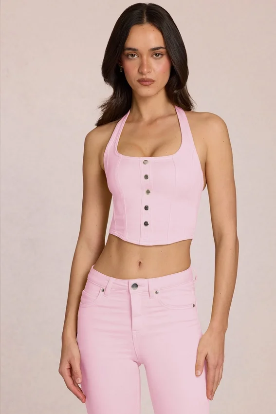 Elowis denimtop i halterneck-stil i Blossom Pink Elowis denimtop i halterneck-stil i Blossom Pink
