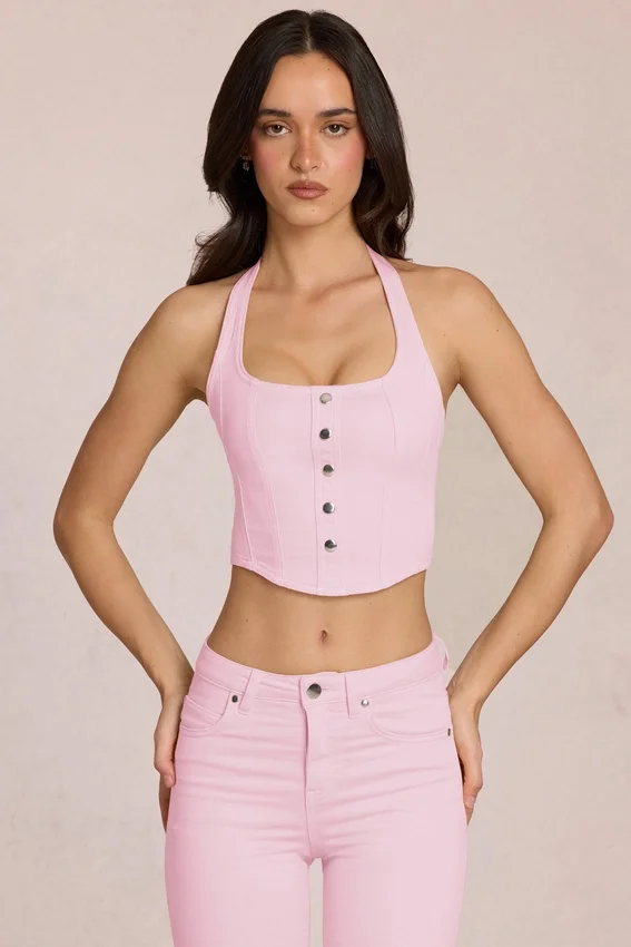 Elowis denimtop i halterneck-stil i Blossom Pink Elowis denimtop i halterneck-stil i Blossom Pink