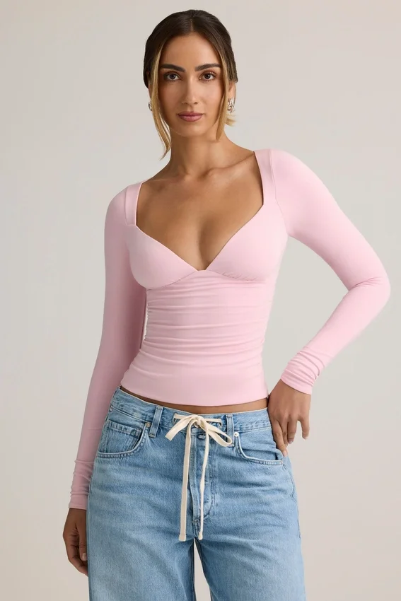 Emry Modal Ruched Long-Sleeve Top i Baby Pink Emry Modal Ruched Long-Sleeve Top i Baby Pink