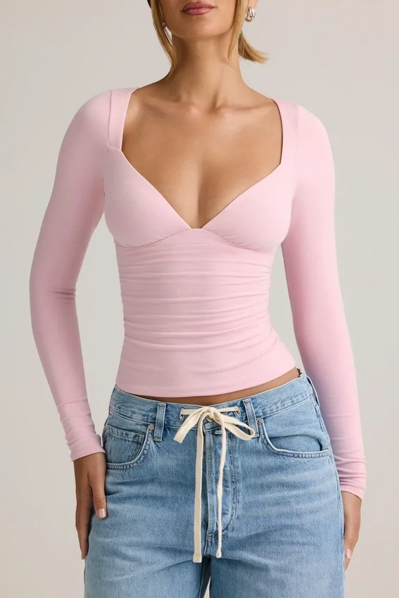 Emry Modal Ruched Long-Sleeve Top i Baby Pink Emry Modal Ruched Long-Sleeve Top i Baby Pink