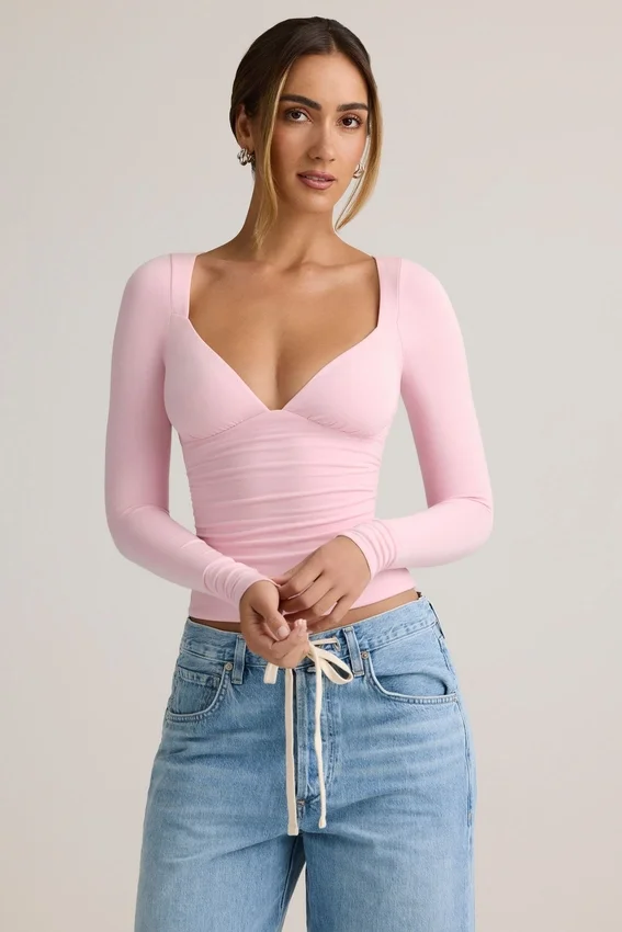 Emry Modal Ruched Long-Sleeve Top i Baby Pink Emry Modal Ruched Long-Sleeve Top i Baby Pink