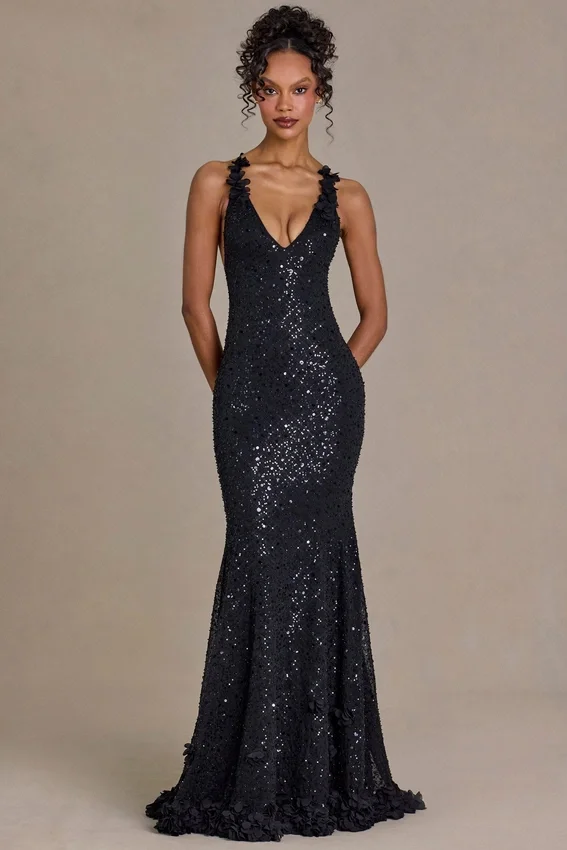 Etoile Embellished Plunge Open-Back Gown i svart Etoile Embellished Plunge Open-Back Gown i svart