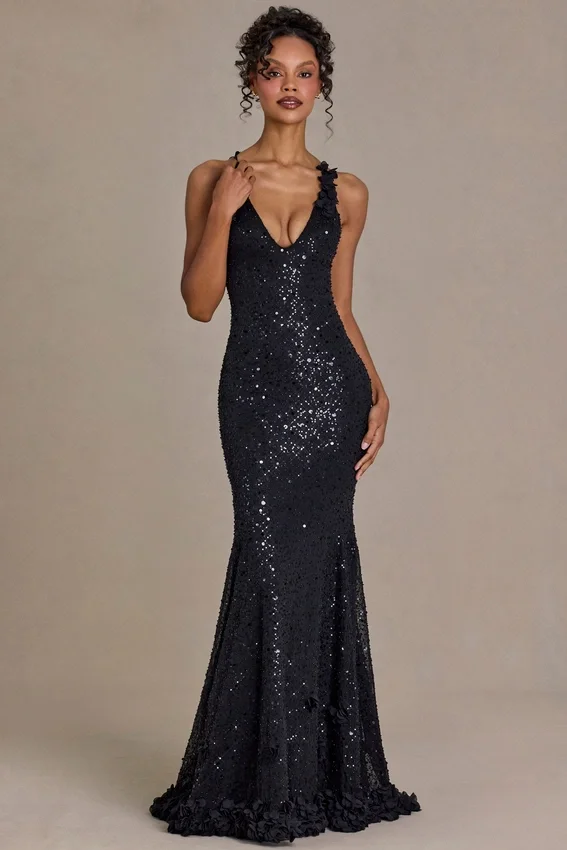 Etoile Embellished Plunge Open-Back Gown i svart Etoile Embellished Plunge Open-Back Gown i svart