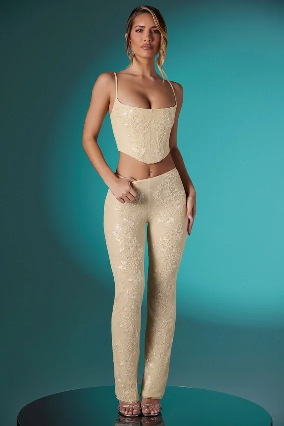 Fallon Petite Embellished Lace Low Rise Trousers i Ivory Fallon Petite Embellished Lace Low Rise Trousers i Ivory