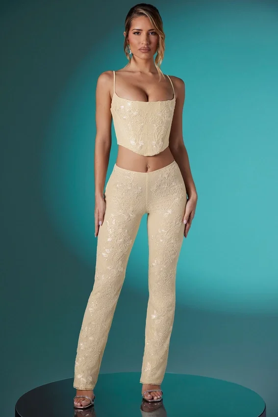 Fallon Petite Embellished Lace Low Rise Trousers i Ivory Fallon Petite Embellished Lace Low Rise Trousers i Ivory
