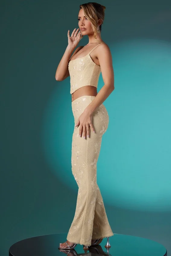 Fallon Petite Embellished Lace Low Rise Trousers i Ivory Fallon Petite Embellished Lace Low Rise Trousers i Ivory