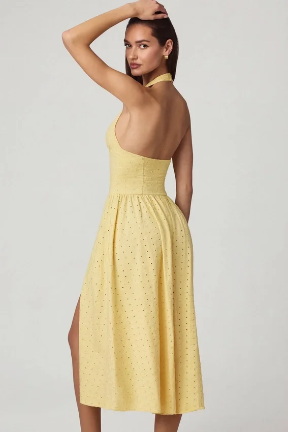 Farrah Modal Broderie Anglaise halterneck-klänning i citrongult Farrah Modal Broderie Anglaise halterneck-klänning i citrongult