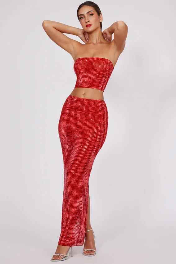 Fausta Embellished Mid Rise Maxi Kjolar i Fire Red Fausta Embellished Mid Rise Maxi Kjolar i Fire Red