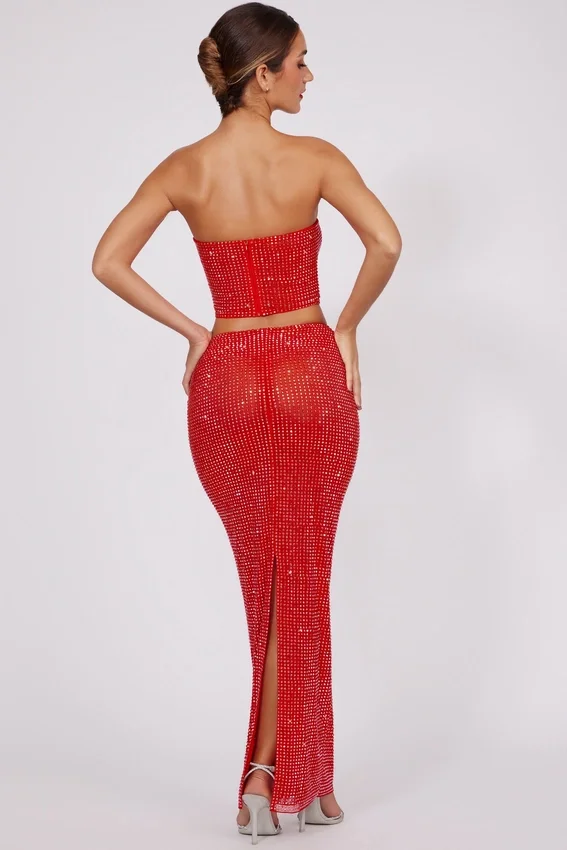 Fausta Embellished Mid Rise Maxi Kjolar i Fire Red Fausta Embellished Mid Rise Maxi Kjolar i Fire Red
