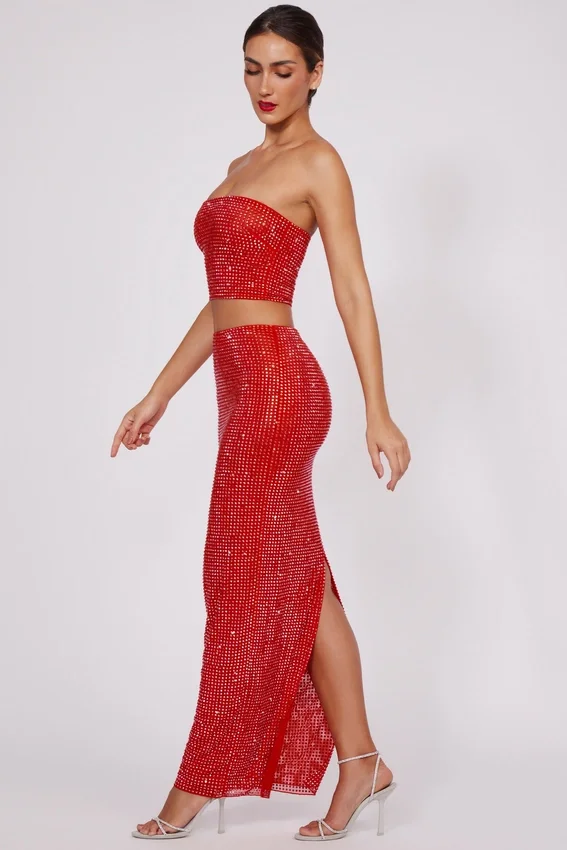 Fausta Embellished Mid Rise Maxi Kjolar i Fire Red Fausta Embellished Mid Rise Maxi Kjolar i Fire Red