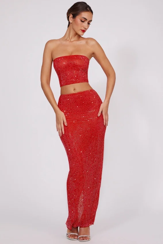 Fausta Embellished Mid Rise Maxi Kjolar i Fire Red Fausta Embellished Mid Rise Maxi Kjolar i Fire Red