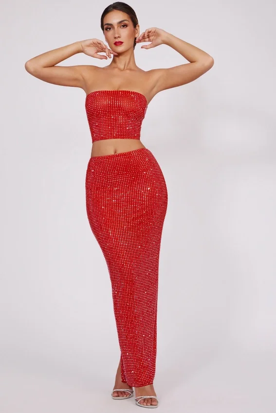 Fausta Embellished Mid Rise Maxi Kjolar i Fire Red Fausta Embellished Mid Rise Maxi Kjolar i Fire Red
