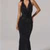 Feyre Embellished Cowl-Neck Backless Gown i svart Feyre Embellished Cowl-Neck Backless Gown i svart
