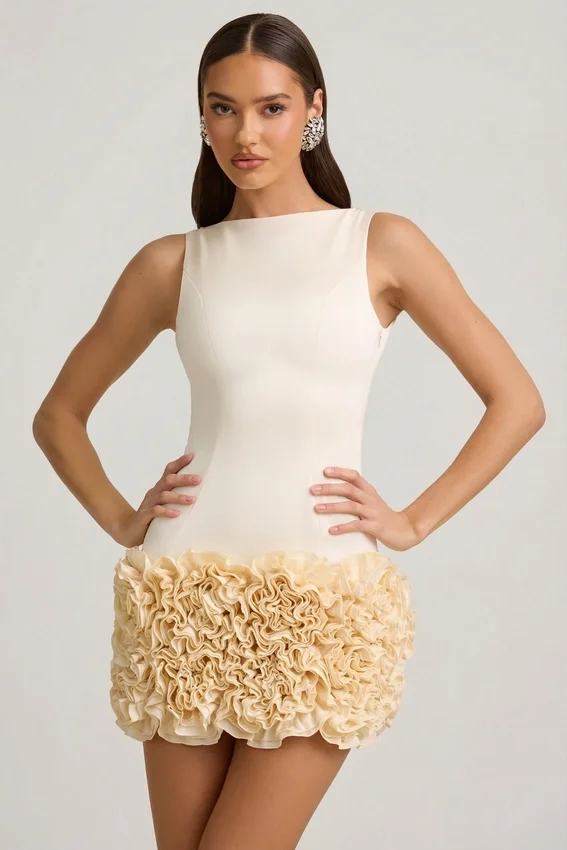 Florrie miniklänning i satin med blommiga applikationer och öppen rygg i färgen ivory Florrie miniklänning i satin med blommiga applikationer och öppen rygg i färgen ivory