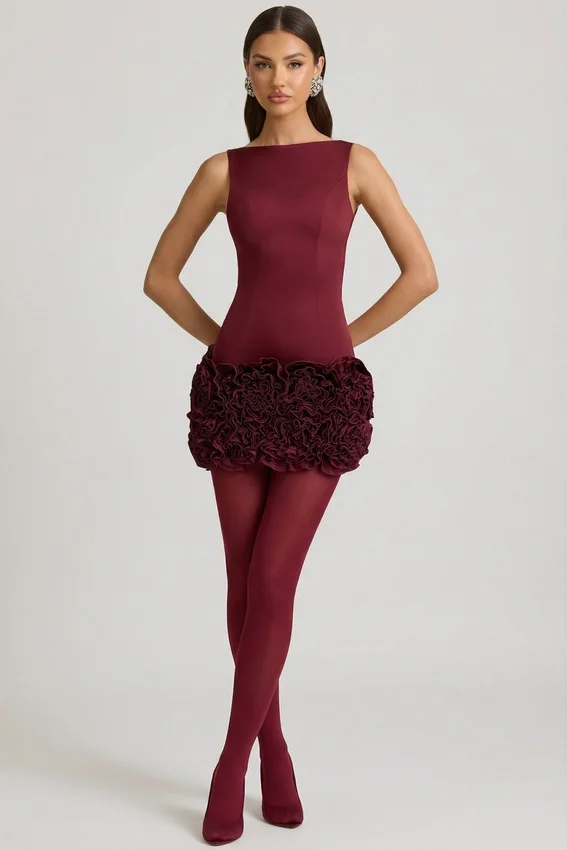 Florrie miniklänning i satin med blommiga applikationer och öppen rygg i vinrött Florrie miniklänning i satin med blommiga applikationer och öppen rygg i vinrött