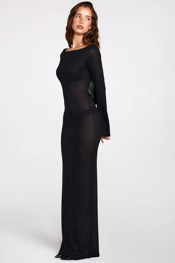 Frances Sheer Jersey Long-Sleeve Backless Maxiklänning i svart Frances Sheer Jersey Long-Sleeve Backless Maxiklänning i svart